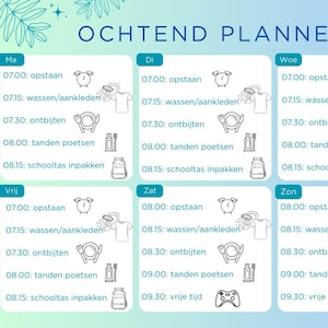 Puede incluir: Un planificador colorido con un fondo azul claro y un borde blanco. El planificador está dividido en siete días de la semana: lunes, martes, miércoles, jueves, viernes, sábado y domingo. Cada día tiene una lista de actividades con los tiempos correspondientes, incluyendo "opstaan" (levantarse), "wassen/aankleden" (lavarse/vestirse), "ontbijten" (desayunar), "tanden poetsen" (cepillarse los dientes) y "schooltas inpakken" (empaquetar la mochila). El planificador también incluye una sección "Extra" con el texto "Zaterdag naar de zorgboerderij" (Sábado a la granja).