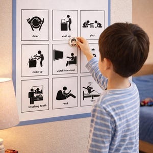 Op de afbeelding: Een kind in een blauw-wit gestreept shirt interacteert met een "Avondroutine"-bord. Het bord toont geïllustreerde pictogrammen voor activiteiten zoals dineren, wassen en lezen. Een lamp en een kleine houten tafel staan op de voorgrond.