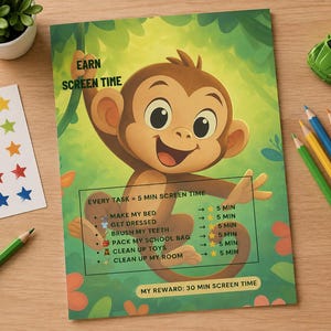 May include: A rectangular chore chart featuring a cartoon monkey in a jungle setting. The text reads EARN SCREEN TIME, EVERY TASK = 5 MIN SCREEN TIME, and MY REWARD: 30 MIN SCREEN TIME. It lists tasks like make my bed, get dressed, and clean up toys.