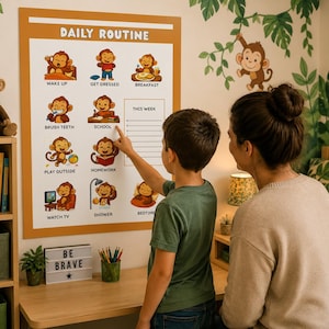 Op de afbeelding: Een rechthoekige dagelijkse routine-wandkaart met een bruine aap die verschillende taken illustreert, zoals wakker worden, aankleden, ontbijten, tandenpoetsen, school, buiten spelen, huiswerk, tv kijken, douchen en naar bed gaan.