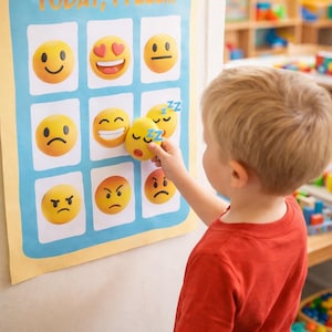 Op de afbeelding: Een kind in een rood shirt interacteert met een emotiekaart. De kaart, getiteld "TODAY, I FEEL...", toont verschillende emoji-gezichten. Het kind houdt een gele emoji vast met gesloten ogen en "Zz"-symbolen, wat slaperigheid aangeeft.