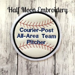 May include: White baseball-shaped patch with red stitching and blue text that reads "Courier-Post All-Area Team Pitcher".