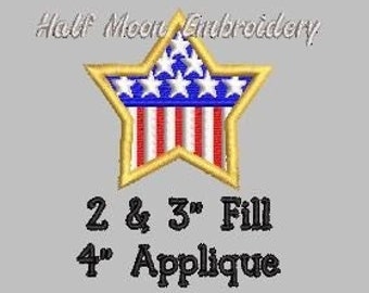 May include: Embroidered star design with the American flag. The star has a gold outline, blue and white stars, and red and white stripes. Text includes "2 & 3" Fill" and "4" Applique".