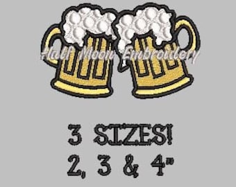 May include: Two yellow beer mugs with white foam on top, clinking together. The text "3 SIZES! 2, 3 & 4" is below the mugs.