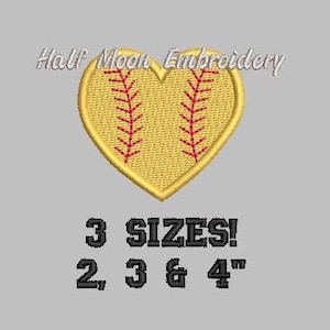 May include: A yellow heart-shaped softball with red stitching. The text "3 SIZES! 2, 3 & 4" is below the softball.
