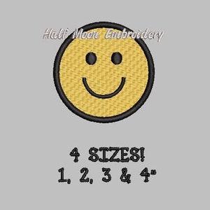May include: Embroidered yellow smiley face patch with black outline and eyes, and a curved mouth. The text "4 SIZES! 1, 2, 3 & 4" is below the smiley face. The text "Half Moon Embroidery" is above the smiley face.