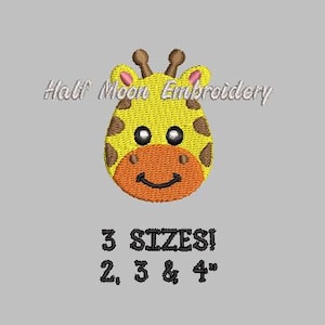 May include: Embroidered design of a yellow giraffe face with brown spots and orange nose and mouth. The design is available in three sizes: 2, 3, and 4 inches.