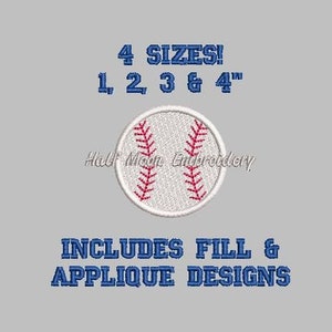 Könnte beinhalten: Baseball-Applikations-Stickmuster in vier Größen: 2,5 cm, 5 cm, 7,5 cm und 10 cm. Enthält Füll- und Applikationsdesigns.