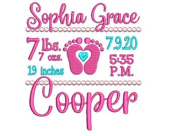 Baby Footprint Birth Announcement Embroidery Design Birth Announcement Template Embroidery Design Birth Stats Embroidery Design Baby Feet