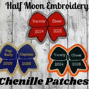 パーソナライズされたシェニールチアボウレターマンジャケットパッチ | チアリーディングボウパッチ | カスタムチアリーダーボウジャケットパッチ | シェニールチアリーダー