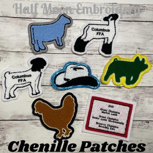 Chenille Show Animals Letterman Jacket Patch | Custom Chenille Farm Animal Patches | Show Steer | Show Lamb | Show Goat | Show Pig | Chicken