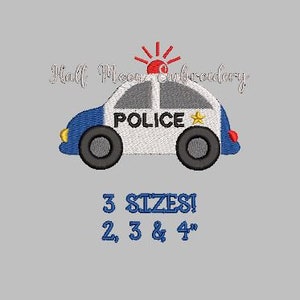 May include: Embroidered design of a blue and white police car with a red light on top. The car says "POLICE" on the side. The design is available in 3 sizes: 2, 3, and 4 inches.