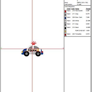 May include: A white and blue police car with a red flashing light on top. The car has the word "POLICE" printed on the side. The car is 2 inches wide.