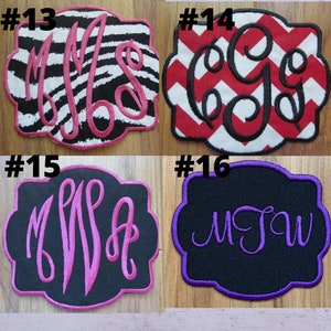 May include: Four embroidered patches with different monogram designs. One has a zebra print background with pink letters, another has a red and white chevron pattern with black letters. The other two have black backgrounds with pink and purple letters.