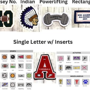 May include: A collection of embroidered patches featuring sports, activities, and academic themes. Patches include a football jersey number, an Indian head, a weightlifting design, and a rectangle with text. Additional patches display sports icons and activity symbols.