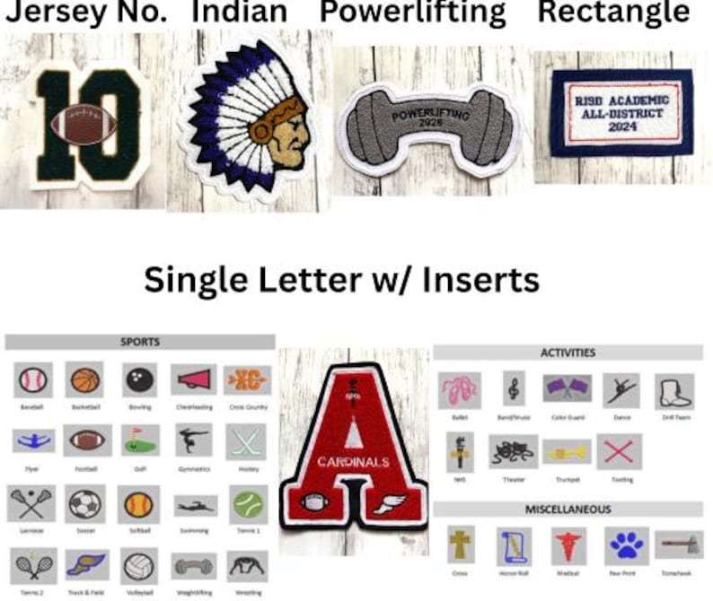 May include: A collection of embroidered patches featuring sports, activities, and academic themes. Patches include a football jersey number, an Indian head, a weightlifting design, and a rectangle with text. Additional patches display sports icons and activity symbols.