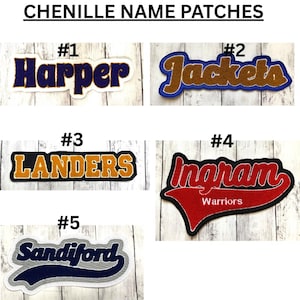 May include: Chenille name patches with various names and designs. Includes patches with the names "Harper", "Jackets", "Landers", "Ingram Warriors", and "Sandiford". Each patch has a different color scheme and font style.