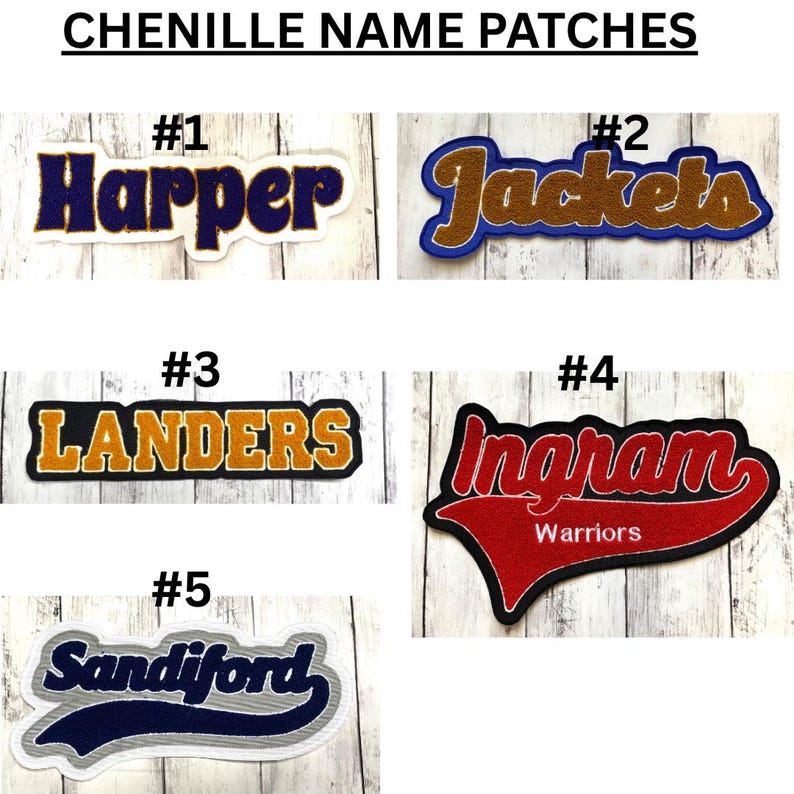 May include: Chenille name patches with various names and designs. Includes patches with the names "Harper", "Jackets", "Landers", "Ingram Warriors", and "Sandiford". Each patch has a different color scheme and font style.