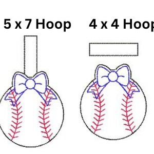 May include: Two embroidery designs of a baseball with a bow on top. The design on the left is for a 5x7 hoop and the design on the right is for a 4x4 hoop.