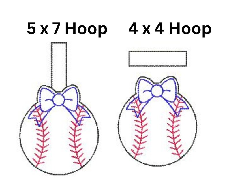 May include: Two embroidery designs of a baseball with a bow on top. The design on the left is for a 5x7 hoop and the design on the right is for a 4x4 hoop.