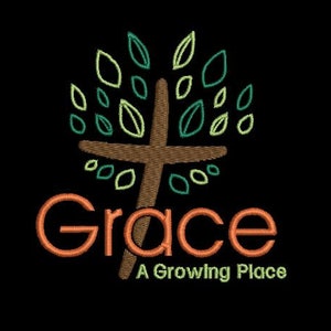 May include: A brown cross with a green tree growing from it. The word "Grace" is written in orange below the cross. The text "A Growing Place" is written in smaller orange letters below the word "Grace".