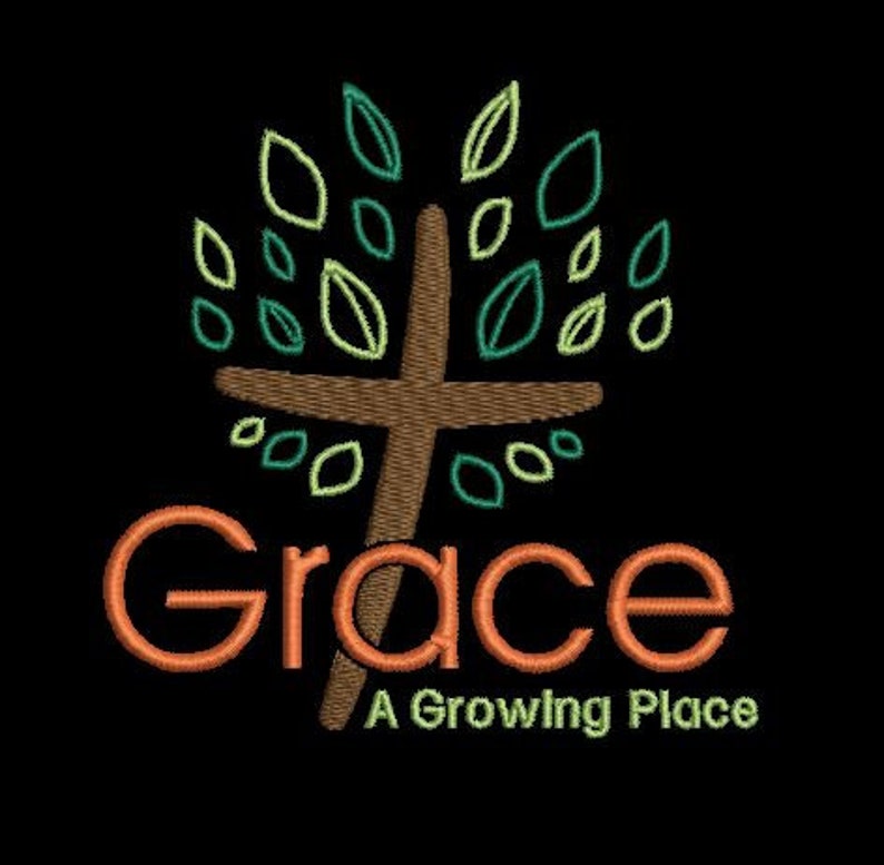 May include: A brown cross with a green tree growing from it. The word "Grace" is written in orange below the cross. The text "A Growing Place" is written in smaller orange letters below the word "Grace".