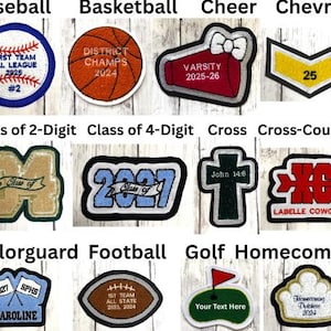 May include: Collection of embroidered patches with various designs and text. Includes a baseball with "First Team All League 2025", a basketball with "District Champs 2024", and a cheerleading megaphone with "Varsity 2025-26".