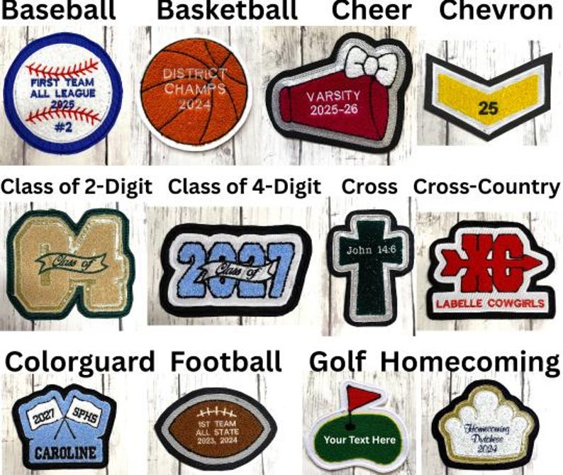 May include: Collection of embroidered patches with various designs and text. Includes a baseball with "First Team All League 2025", a basketball with "District Champs 2024", and a cheerleading megaphone with "Varsity 2025-26".