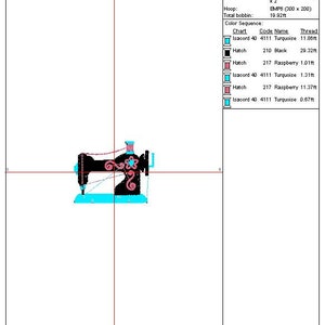 May include: A design worksheet for a 2-inch sewing machine embroidery design. The design includes a black sewing machine with turquoise and pink details. The worksheet lists the stitches, colors, zoom, fabric type, required stabilizer, hoop, and total bobbin needed for the design. The color sequence is listed with the thread color code, name, and length.