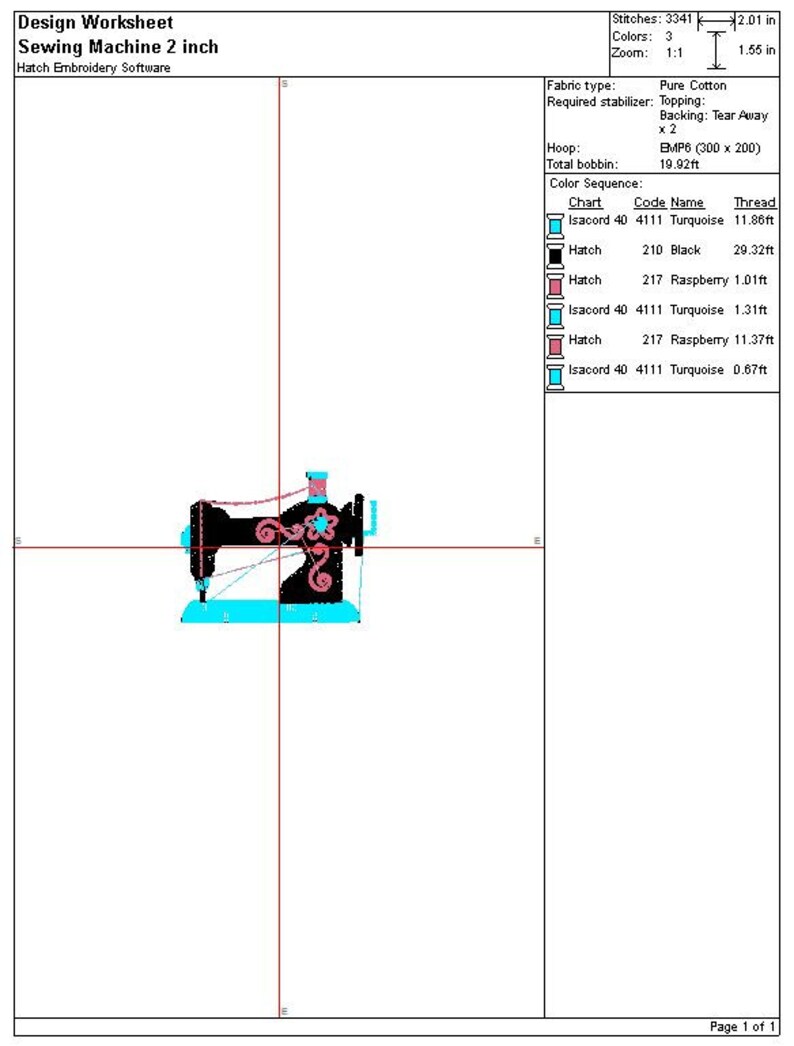 May include: A design worksheet for a 2-inch sewing machine embroidery design. The design includes a black sewing machine with turquoise and pink details. The worksheet lists the stitches, colors, zoom, fabric type, required stabilizer, hoop, and total bobbin needed for the design. The color sequence is listed with the thread color code, name, and length.