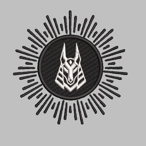 May include: Black and white stylized illustration of an anubis jackal head with a sunburst design around it.
