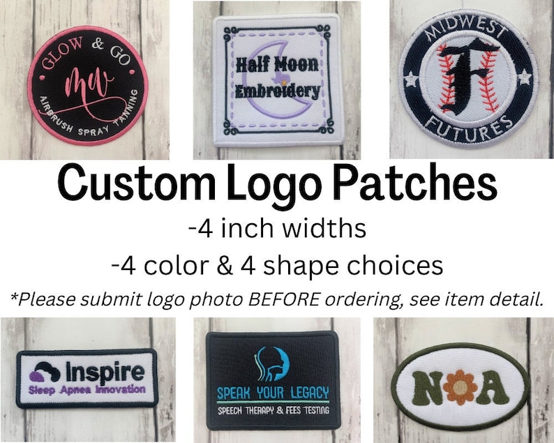 K&ouml;nnte beinhalten: Sechs personalisierte gestickte Patches mit verschiedenen Designs und Texten. Die Patches sind 10 cm breit und in verschiedenen Farben und Formen erh&auml;ltlich. Der Text auf den Patches lautet "Glow & Go", "Half Moon Embroidery", "Midwest Futures", "Inspire", "Speak Your Legacy" und "NOA".