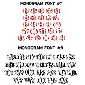 May include: Two monogram font options, labeled #7 and #8, are displayed against a white background. Font #7 features red letters, while font #8 showcases black letters. Each font presents the alphabet in a decorative, cursive style.