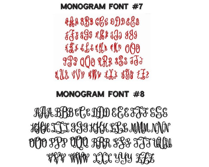 May include: Two monogram font options, labeled #7 and #8, are displayed against a white background. Font #7 features red letters, while font #8 showcases black letters. Each font presents the alphabet in a decorative, cursive style.