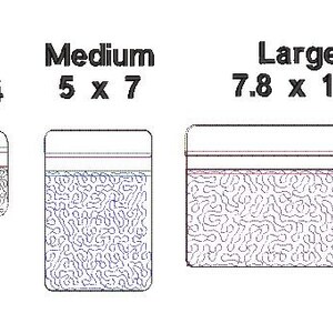 May include: Three clear plastic bags with zipper closures. The bags are labeled with their size and dimensions: Small 4 x 4, Medium 5 x 7, and Large 7.8 x 11.8.