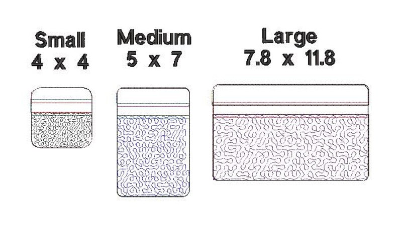 May include: Three clear plastic bags with zipper closures. The bags are labeled with their size and dimensions: Small 4 x 4, Medium 5 x 7, and Large 7.8 x 11.8.