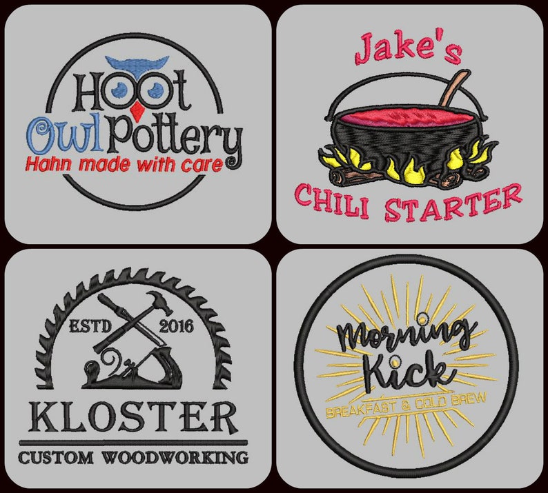 May include: Four embroidered patches with different designs. The first patch is a round, black and white patch with a red heart and the text "HOOT Owl Pottery Hahn made with care". The second patch is a black and white patch with a red pot and flames and the text "Jake's CHILI STARTER". The third patch is a black and white patch with a saw blade and the text "ESTD 2016 KLOSTER CUSTOM WOODWORKING". The fourth patch is a black and white patch with a sunburst and the text "Morning Kick BREAKFAST & COLD BREW".