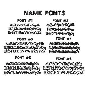 May include: A black and white image displaying six different font styles for names. Each font is labeled with a number and shows the alphabet in both uppercase and lowercase letters. The text "NAME FONTS" is at the top.