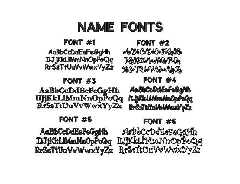 May include: A black and white image displaying six different font styles for names. Each font is labeled with a number and shows the alphabet in both uppercase and lowercase letters. The text "NAME FONTS" is at the top.