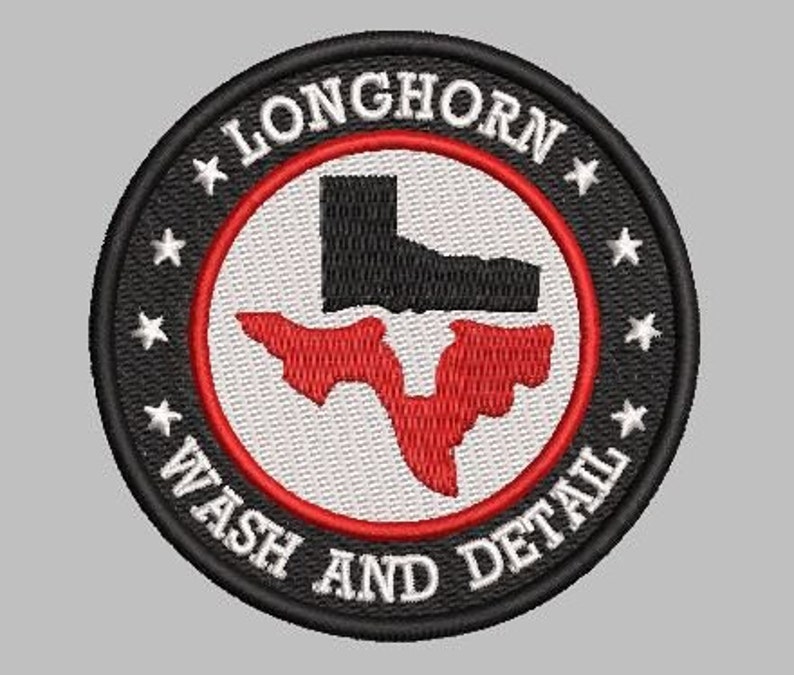 May include: Black and red embroidered patch with the text "Longhorn Wash and Detail" and a stylized image of a boot over a red outline of the state of Texas.