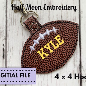 May include: A brown leather football-shaped keychain with white stitching and a yellow embroidered name "KYLE". The keychain is attached to a silver key ring. The keychain is 4 inches by 4 inches and is a digital file.