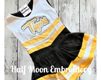 Personalisierte schwarz-goldene und weiße Cheer-Uniformen für Mädchen | Personalisierte Cheer-Uniformen | Benutzerdefinierte Cheer Uniform | Baby Cheer Kleinkind Cheer Uniform