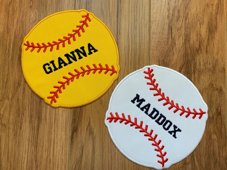 May include: Two embroidered baseball patches, one yellow with the name "Gianna" and one white with the name "Maddox".