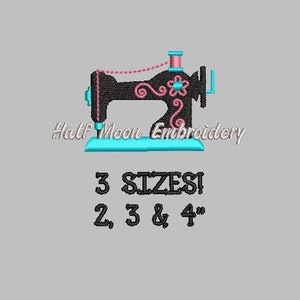 May include: Black and white embroidery design of a vintage sewing machine with pink floral accents. The design is available in three sizes: 2, 3, and 4 inches.