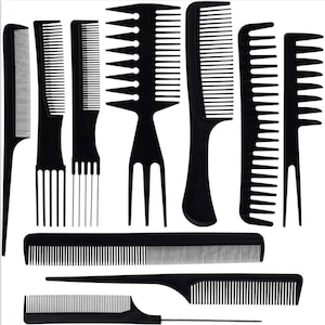 May include: A selection of black combs in different styles, including fine-tooth, wide-tooth, and pick combs. The combs are made of plastic and are displayed against a white backdrop. Some have handles, others are without.