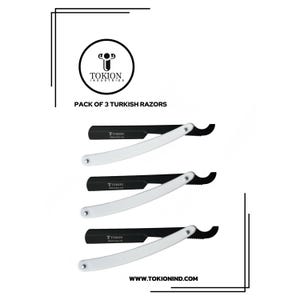 May include: A pack of three Turkish razors. Each razor has a black blade and a white handle. The razors are curved and have a notched edge. The brand logo and the text "PACK OF 3 TURKISH RAZORS" are visible.
