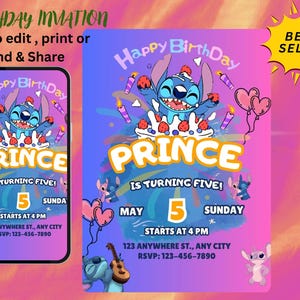Editable Stitch and Angel Birthday Party Invitation Template | Beautiful Design for Kids, Instant Download-Easily Personalize in Canva