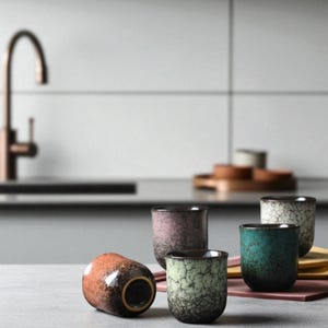 Handmade Japanese Ceramic Cups – Colorful Cracked Glaze Tumblers Set, Rustic Stoneware Tea & Coffee Cups, Unique Gift for Pottery Lovers