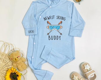 Newest Skiing Baby Bodysuit, Custom Ski Newborn Bodysuit, Winter Sports Romper, Skiing Gift
