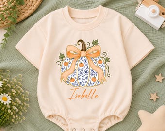 Personalized Pumpkin Bow Baby Romper, Chinoiserie Pumpkin Baby Bodysuit, Fall Baby Clothes